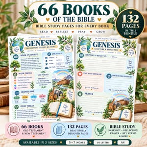 Pode incluir: Duas páginas de estudo bíblico para o livro de Gênesis com ilustrações botânicas, um globo e a arca de Noé. As páginas incluem seções para resumos, fatos rápidos, temas principais, passagens-chave, reflexão e oração.
