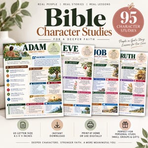 May include: A digital collection of Bible Character Studies featuring 95 individual study sheets. The pages include detailed sections on Adam, Eve, Job, and Ruth, with text, timelines, key facts, and scripture references in a 21.59 x 27.94 cm paper format.