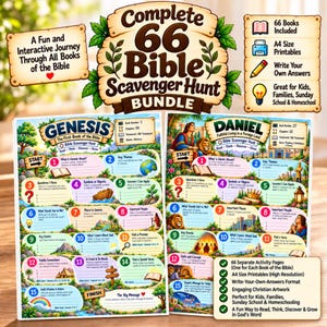 Op de afbeelding: Een complete 66-delige Bijbel-speurtochtbundel met twee A4-activiteitsbladen voor Genesis en Daniël. De kleurrijke pagina's bevatten genummerde opdrachten, illustraties en tekst voor interactief leren, met informatieve zijpanelen.