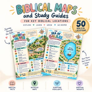 May include: Two educational posters titled Biblical Maps and Study Guides for Key Biblical Locations, featuring The Mount of Olives and The Sea of Galilee. Each poster includes colorful illustrations, quick facts, Bible highlights, and historical details.