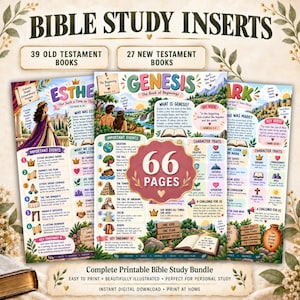 May include: A set of 66 printable Bible study inserts featuring colorful illustrations and text summaries for Old and New Testament books. The pages include sections for important events, character traits, key verses, and takeaways for books like Genesis, Esther, and Mark.