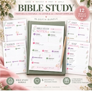 Może przedstawiać: Zestaw 12 stron do druku do studium Biblii z motywami kwiatowymi, zawierający arkusze do studium tematów, notatki z kazań, codzienne modlitwy i arkusze SOAP. Zestaw zawiera stronę główną z notatkami, złoty długopis i nagłówki tekstowe.
