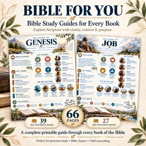 May include: A printable Bible study guide set featuring two sample pages for the Book of Genesis and the Book of Job. The pages include sections for key themes, key people, key verses, and life lessons, with a total of 66 pages indicated.