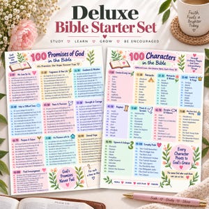 Könnte beinhalten: Ein Deluxe Bible Starter Set mit zwei Informationstafeln mit den Titeln 100 Promises of God in the Bible und 100 Characters in the Bible. Die Tafeln enthalten nummerierte Listen, pastellfarbene Blöcke, Blumenillustrationen und Text.