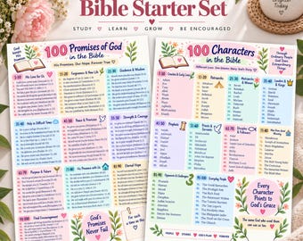 May include: A Deluxe Bible Starter Set featuring two informational charts titled 100 Promises of God in the Bible and 100 Characters in the Bible. The charts include numbered lists, pastel color blocks, floral illustrations, and text.