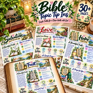 May include: A set of printed Bible topic tip-ins featuring colorful illustrations and text on themes of salvation, love, hope, and trust. Each page includes scripture references, reflective prompts, and prayer guides with floral accents.