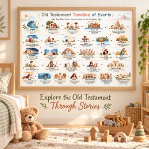 May include: A framed wall poster titled Old Testament Timeline of Events, featuring illustrated scenes from Creation to the Prophets. Below the poster, the text reads Explore the Old Testament Through Stories in dark lettering.
