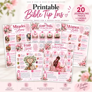 Puede incluir: Una colección de páginas imprimibles para la Biblia con detalles florales rosas y texto religioso. Las páginas incluyen títulos como Miracles of Jesus, The Four Soils, Women of the Bible, Fruit of the Spirit y Becoming a Virtuous Woman.