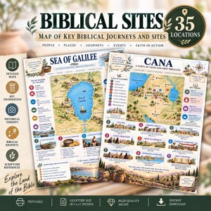 May include: Two educational posters titled Biblical Sites featuring maps of the Sea of Galilee and Cana. The prints include 35 locations, key verses, historical insights, and illustrations of biblical journeys, measuring 8.5 by 11 inches.