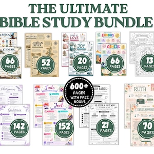 Könnte beinhalten: Ein digitales Bibelstudien-Paket mit verschiedenen druckbaren Blättern mit Titeln wie Exodus, Genesis, Jordan, Philipper, Judas, Joel, Rut und Deuteronomium. Die Sammlung umfasst über 600 Seiten mit runden Etiketten für die Seitenzahl.