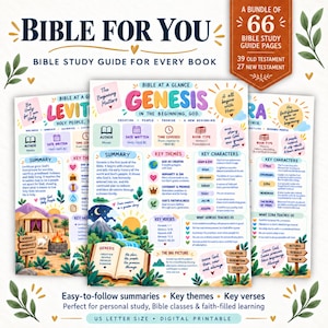 May include: A digital bundle of 66 Bible study guide pages featuring colorful illustrations and text summaries for books like Genesis, Leviticus, and Ezra. Each page includes key themes, characters, verses, and historical timelines for study.
