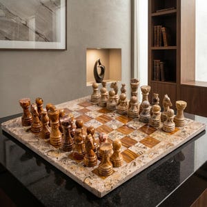 May include: A square chess board made of polished stone with alternating light beige fossilized squares and dark brown wood-grain squares. The set includes carved stone chess pieces in matching light and dark tones arranged on the board.