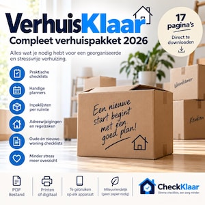 Puede incluir: Un planificador de mudanzas digital titulado VerhuisKlaar Compleet verhuispakket 2026, con 17 páginas de listas de verificación y planificadores. La imagen muestra una caja de cartón con el texto Een nieuwe start begint met een goed plan.