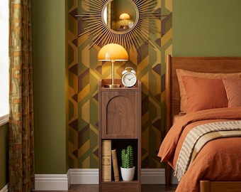 Slim Walnut Nightstand | Arched Drawer, Open Shelf, Mid-Century Modern End Table