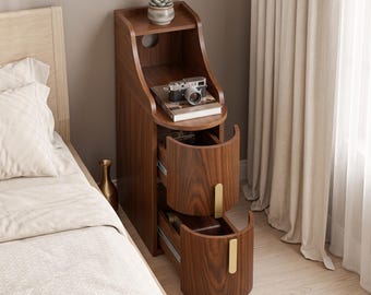 Mid-Century Modern Slim Wood Nightstand, 2-Drawer Bedside Table with Cable Hole (Dark Green)