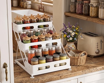 3-Tier Foldable Iron Spice Rack | Black or White Kitchen Organizer (Space Saving)