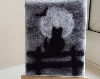 On a Moonlit Night black cat miniature needle felt picture