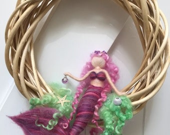 Mermaid Wreath, Pink Mermaid, Wreath home decor, Needle Felted, Nature table, Waldorf Inspired, Pagan Decor, Wall/Door Decor, Willow