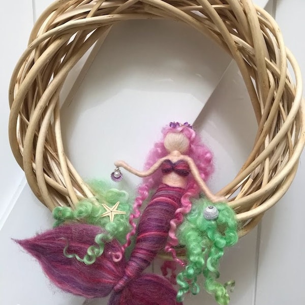 Mermaid Wreath, Pink Mermaid, Wreath home decor, Needle Felted, Nature table, Waldorf Inspired, Pagan Decor, Wall/Door Decor, Willow