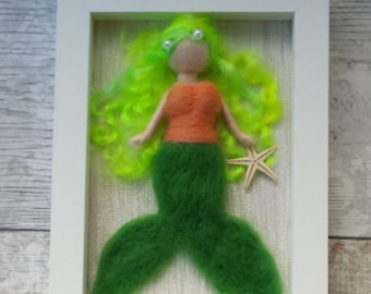 Mermaid Picture, Needle Felted Mermaid, Green Mermaid, Wall Decor, Framed Mermaid, Waldorf Inspired, Room Decor, Felt Picture