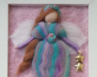 Needle felt Fairy painting, Framed Fairy, Fairy wall art, Wool Painting, 3D needle felted picture, Waldorf Inspired, Purple Wool Fairy, Star