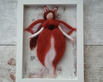 Needle felt Fairy painting, Fox Fairy, Framed Fairy, Fairy wall art, Wool Painting, 3D needle felted picture, Waldorf Inspired, Wool Fairy