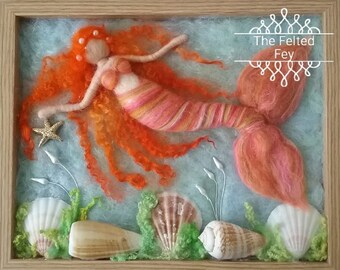 Needle Felted Mermaid, Mermaid Picture, Orange Mermaid, Wall Decor, Framed Mermaid, Girls Room,