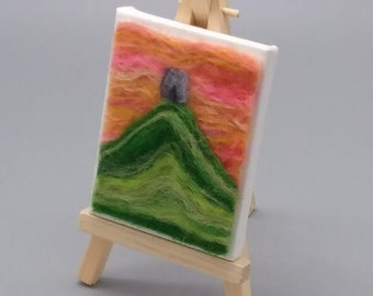 Glastonbury Tor miniature needle felt picture, sunrise, sunset