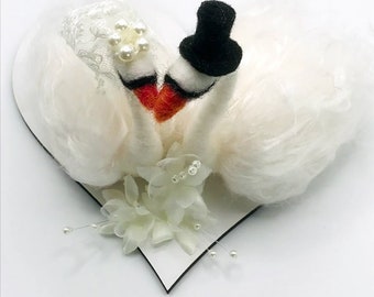 Needle Felted Swan, wedding Swans, cake topper, white swan, bride and groom, needle felted animals, wedding decoration,
