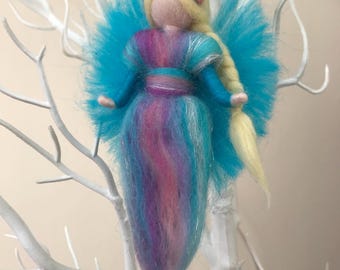 Needle felt Rainbow Turquoise Blue Sparkle Wool Fairy, Small fairy, Hanging Waldorf Inspired Angel, Blonde, Car Dashboard, Pocket size