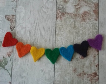 Needle felt Rainbow Heart Garland, Unity Rainbow