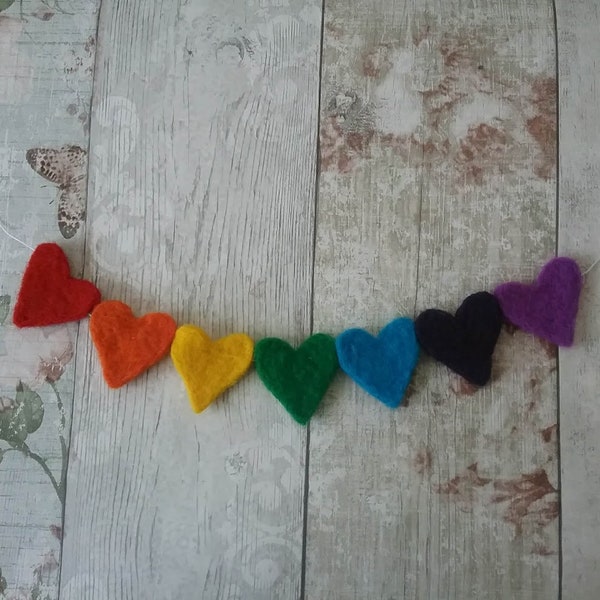 Needle felt Rainbow Heart Garland, Unity Rainbow