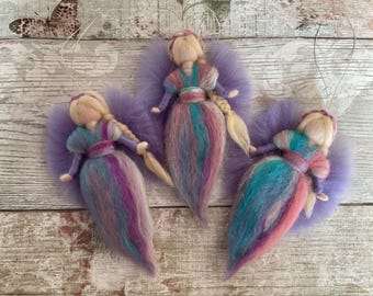Needle felt small Fairy, Rainbow Purple Sparkle Wool Fairy, Hanging Waldorf Inspired Angel, Car Dashboard, Pocket size