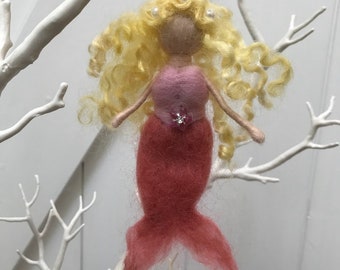 Pink Mermaid, needle felted, Waldorf inspired, wool mermaid, Hanging decoration, yellow hair, Pocket size, car dashboard, girls room decor