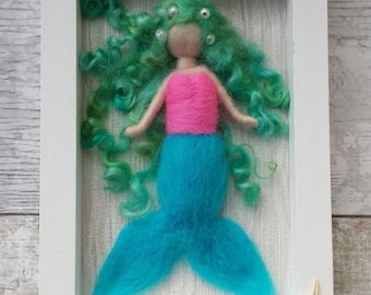 Mermaid Picture, Needle Felted Mermaid, Green Mermaid, Wall Decor,