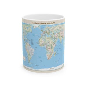 May include: A white ceramic mug featuring a detailed world map print titled Equal Earth - Countries of the World. The map displays continents in various colors against a light blue ocean background, with clearly labeled countries and geographic names.