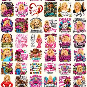 Puede incluir: Un collage digital que presenta numerosos diseños gráficos de Dolly Parton, incluyendo ilustraciones de ella usando sombreros de vaquero, tocando guitarras y rodeada de flores, mariposas y corazones, con varias citas y eslóganes.