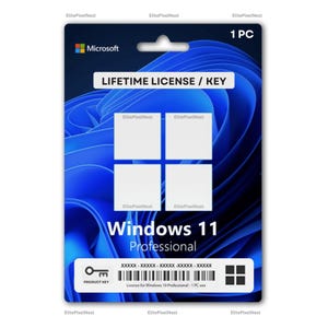 Może przedstawiać: Karta oprogramowania Microsoft Windows 11 Professional z niebieskim, abstrakcyjnym tłem, logo Windows i napisem 'LIFETIME LICENSE / KEY'. Karta zawiera kod kreskowy, miejsce na klucz produktu oraz oznaczenie '1 PC'.