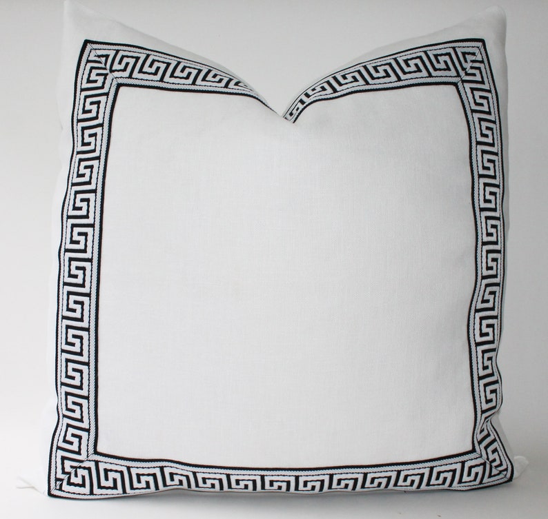 24x24 Throw Pillow 22x22 Greek Key White and Black Linen Accent Pillow Cover 20x20 Chinoiserie Throw Pillow Decorative Designer