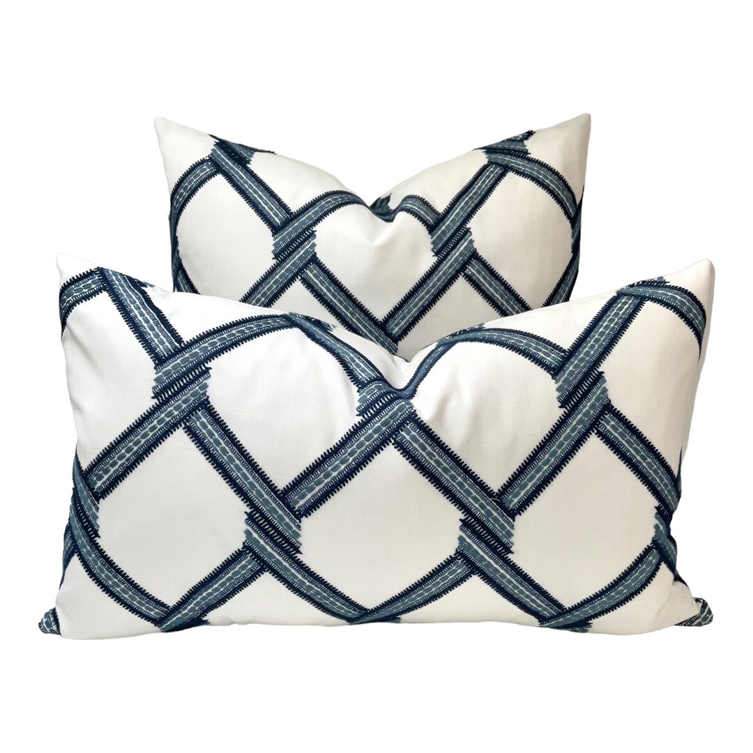 EMBROIDERED BLUE TRELLIS Pillow Cover Chinoiserie Blue White Etsy