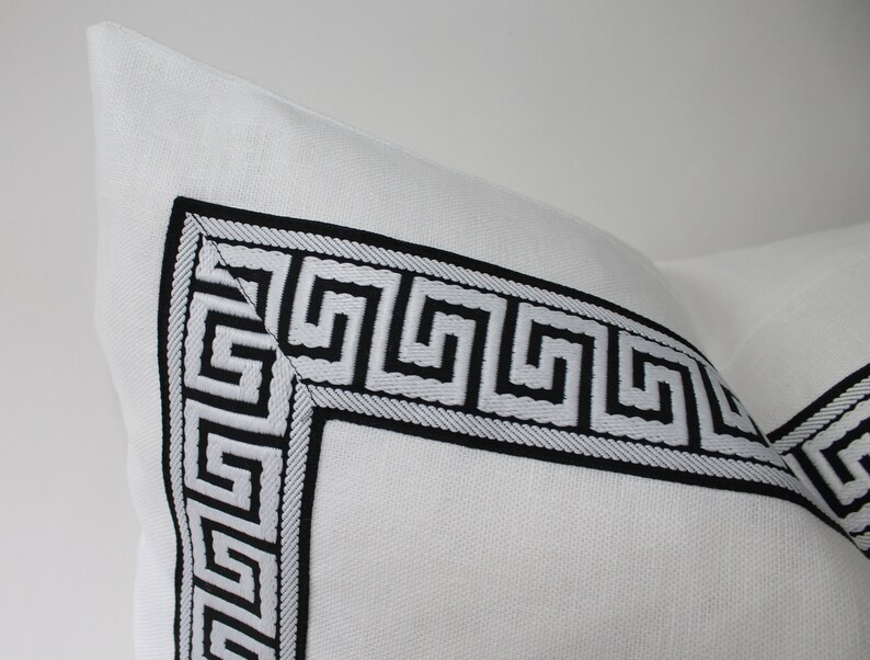 24x24 Throw Pillow 22x22 Greek Key White and Black Linen Accent Pillow Cover 20x20 Chinoiserie Throw Pillow Decorative Designer