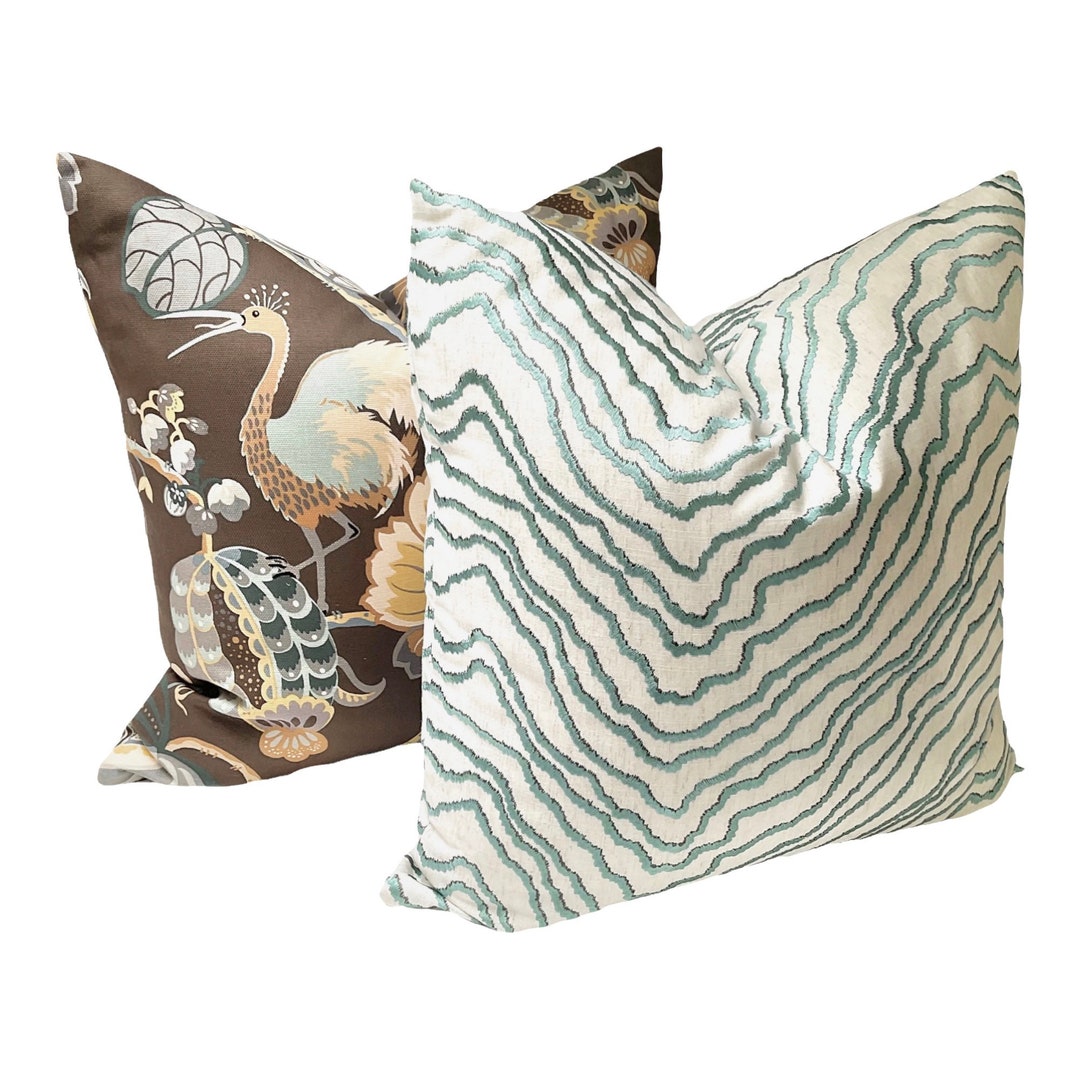 EMBROIDERED LINEN PILLOW Cover Chinoiserie Aqua Cushion Etsy