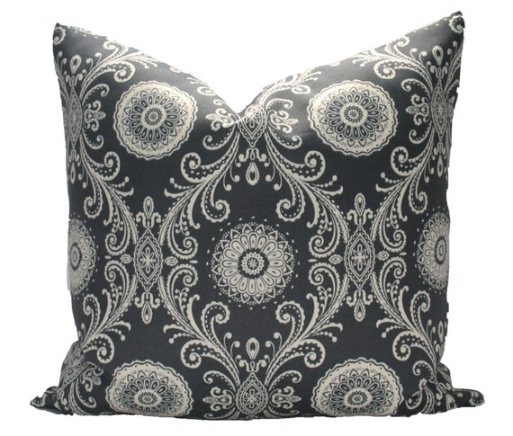 Charcoal Grey Medallions pillow cover Medallion in Antique Gold Throw Pillow