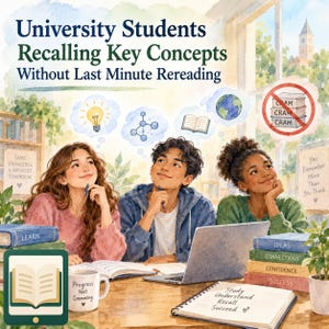 Peut inclure: Une illustration à l'aquarelle montre trois étudiants à un bureau avec le texte University Students Recalling Key Concepts Without Last Minute Rereading. Des bulles de pensée affichent une ampoule, des molécules, un livre et un globe.