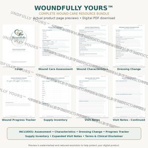 Pode incluir: Um download digital em PDF intitulado WOUNDFULLY YOURS contendo um pacote completo de recursos para tratamento de feridas. O conjunto inclui uma capa, avaliação de feridas, características, documentação de troca de curativos, rastreador de progresso, inventário e notas.