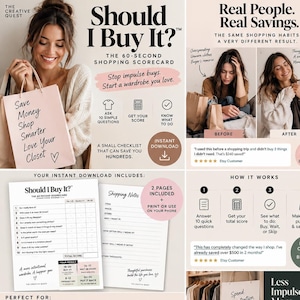 Puede incluir: Una tarjeta de puntuación de compras digital titulada Should I Buy It? que incluye una lista de verificación de 10 preguntas, una página de notas de compra y gráficos instructivos sobre hábitos de consumo consciente.
