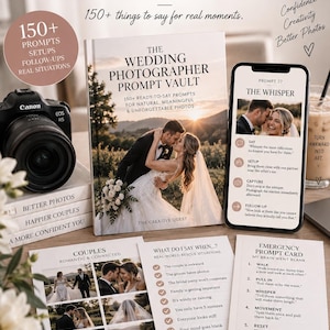 Peut inclure: Un ensemble de ressources photographiques comprenant un livre intitulé The Wedding Photographer Prompt Vault, un smartphone affichant une consigne, un appareil photo Canon EOS R5 et des cartes d'instructions pour la photographie de mariage.