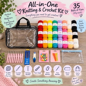 May include: An all-in-one knitting and crochet kit featuring 35 balls of yarn, each weighing 20g, a clear carry case, pink crochet hooks, blue knitting needles, yarn snips, stitch markers, yarn needles, and a pencil case with printed text.