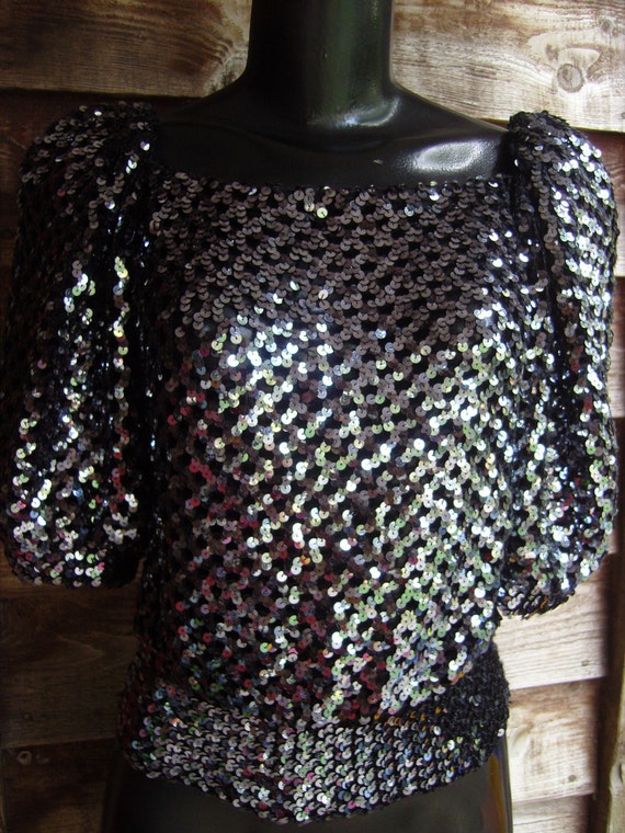 80s Black sequin mesh top, sequin top