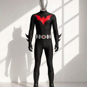 May include: A full-body black superhero costume featuring a red bat emblem on the chest, long sleeves with finned gauntlets, and a grey utility belt with a central red circular buckle. The outfit includes black boots and a silver-toned headpiece.